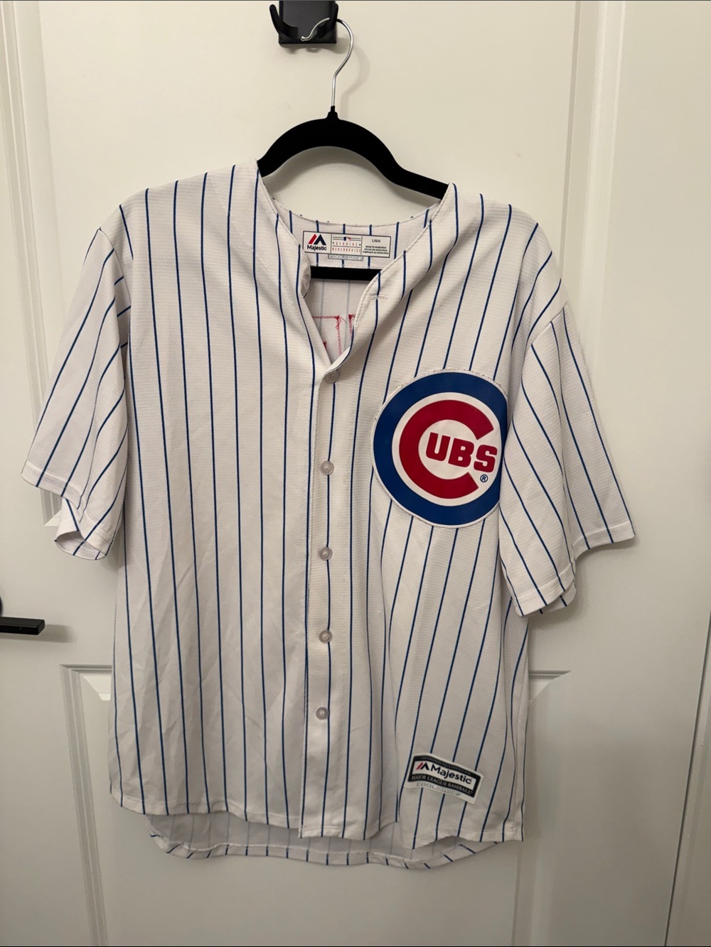 Majestic White Pinstripe Cubs Baseball Jersey with Blue and Red Logo